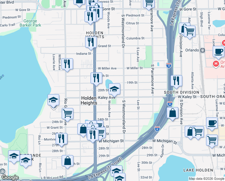 map of restaurants, bars, coffee shops, grocery stores, and more near 1032 20th Street in Orlando