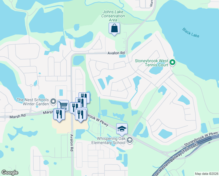 map of restaurants, bars, coffee shops, grocery stores, and more near 15525 Pebble Ridge Street in Winter Garden