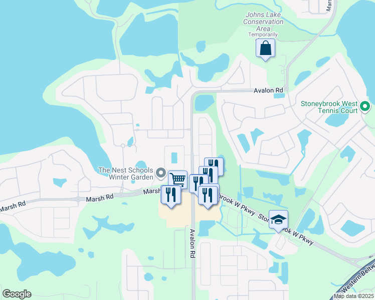 map of restaurants, bars, coffee shops, grocery stores, and more near 1153 Vinsetta Circle in Winter Garden
