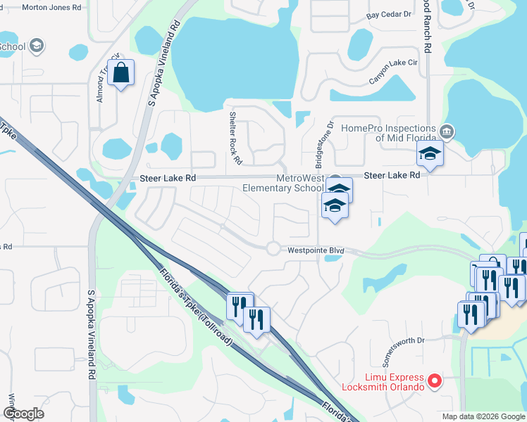map of restaurants, bars, coffee shops, grocery stores, and more near 7675 Belvoir Dr in Orlando