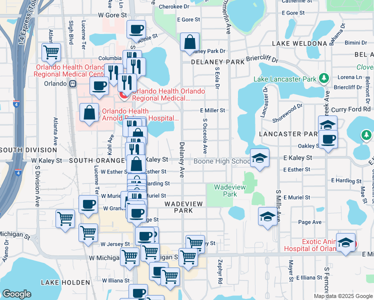 map of restaurants, bars, coffee shops, grocery stores, and more near 1817 Delaney Ave in Orlando