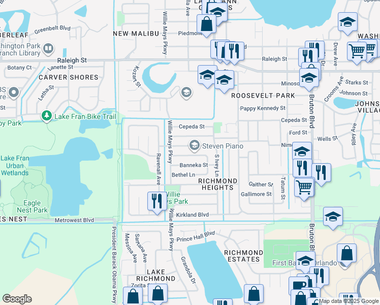 map of restaurants, bars, coffee shops, grocery stores, and more near 4483 Evers Place in Orlando