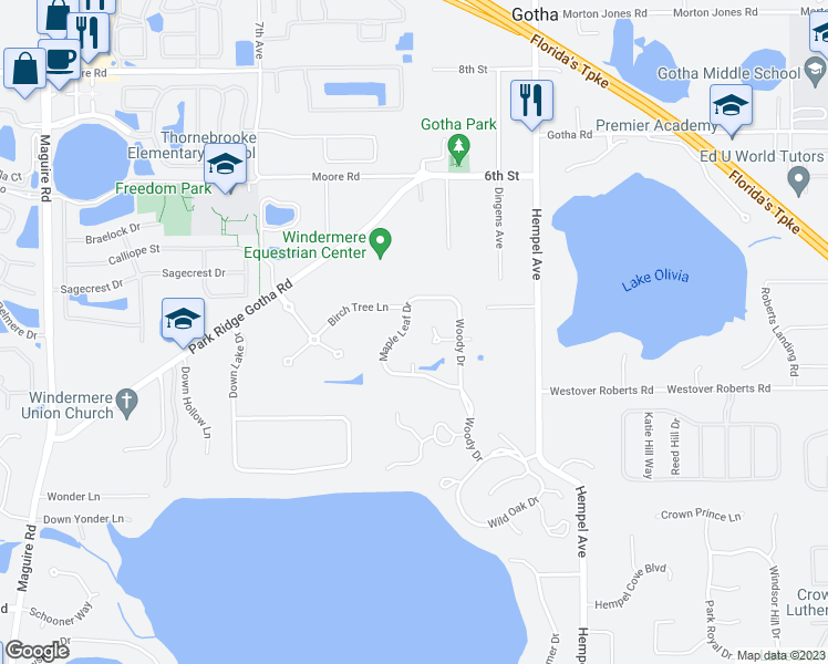 map of restaurants, bars, coffee shops, grocery stores, and more near 1821 Maple Leaf Drive in Windermere