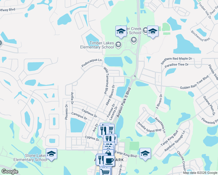 map of restaurants, bars, coffee shops, grocery stores, and more near 2601 Wild Tamarind Boulevard in Orlando