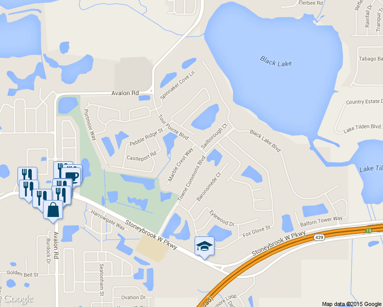 map of restaurants, bars, coffee shops, grocery stores, and more near 1313 Marble Crest Way in Winter Garden