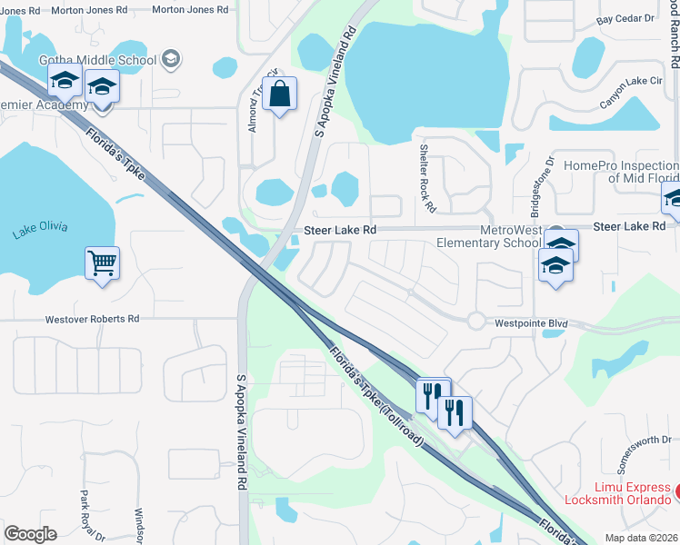 map of restaurants, bars, coffee shops, grocery stores, and more near 1812 Westpointe Circle in Orlando