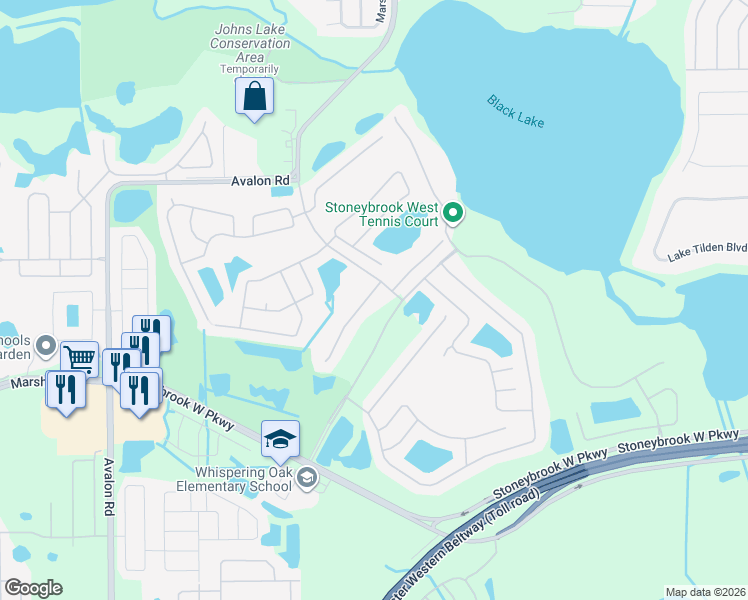 map of restaurants, bars, coffee shops, grocery stores, and more near 1313 Marble Crest Way in Winter Garden