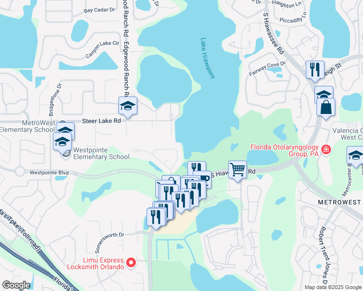 map of restaurants, bars, coffee shops, grocery stores, and more near 1801 Baillie Glass Lane in Orlando