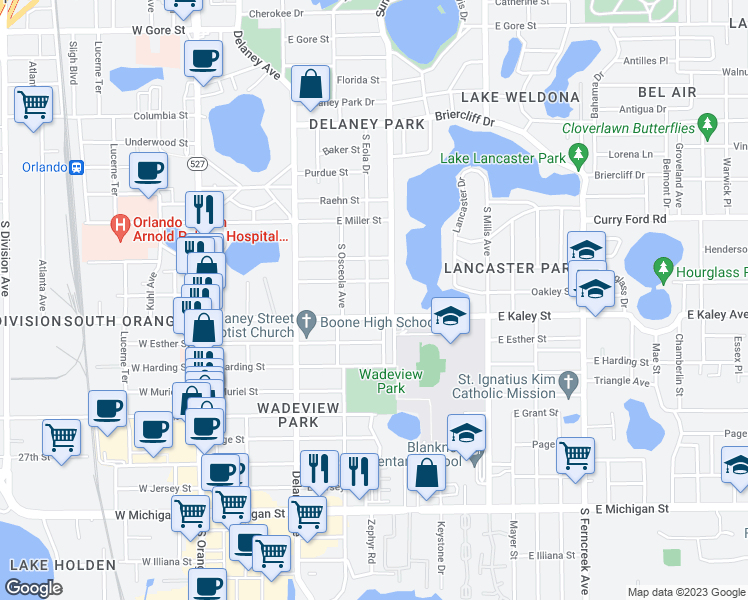 map of restaurants, bars, coffee shops, grocery stores, and more near 1821 South Eola Drive in Orlando