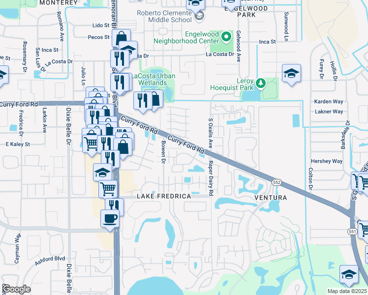 map of restaurants, bars, coffee shops, grocery stores, and more near 5946 Curry Ford Road in Orlando