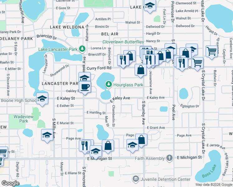 map of restaurants, bars, coffee shops, grocery stores, and more near 1811 Chamberlin Street in Orlando
