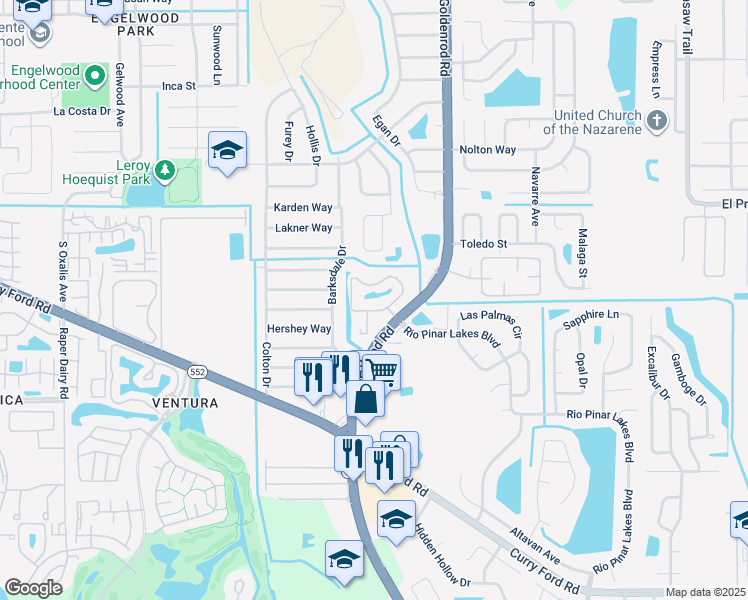 map of restaurants, bars, coffee shops, grocery stores, and more near 7148 Gateshead Circle in Orlando
