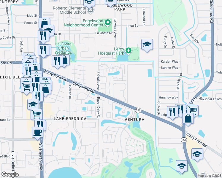 map of restaurants, bars, coffee shops, grocery stores, and more near 1882 Caralee Boulevard in Orlando