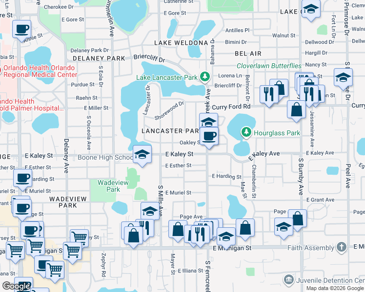 map of restaurants, bars, coffee shops, grocery stores, and more near 1408 Oakley Street in Orlando