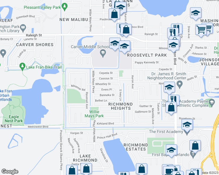 map of restaurants, bars, coffee shops, grocery stores, and more near 4415 Evers Place in Orlando