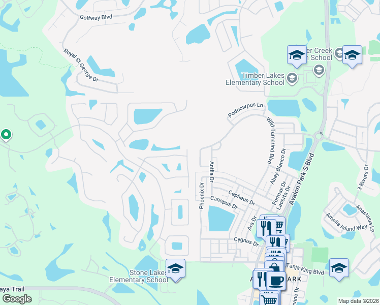map of restaurants, bars, coffee shops, grocery stores, and more near 14707 Buckingham Gate Court in Orlando