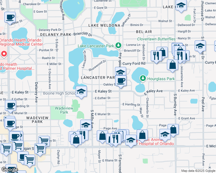 map of restaurants, bars, coffee shops, grocery stores, and more near 1408 Oakley St in Orlando