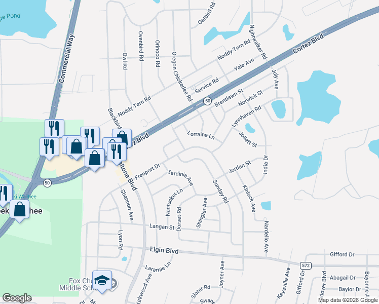 map of restaurants, bars, coffee shops, grocery stores, and more near 6328 Freeport Drive in Spring Hill