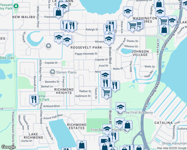 map of restaurants, bars, coffee shops, grocery stores, and more near 1914 Williams Manor Avenue in Orlando