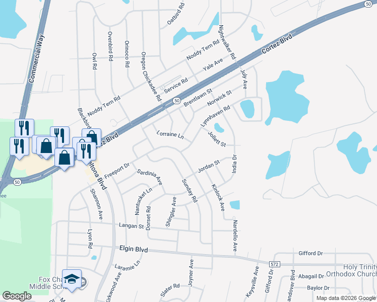 map of restaurants, bars, coffee shops, grocery stores, and more near 10122 Lynnhaven Road in Spring Hill
