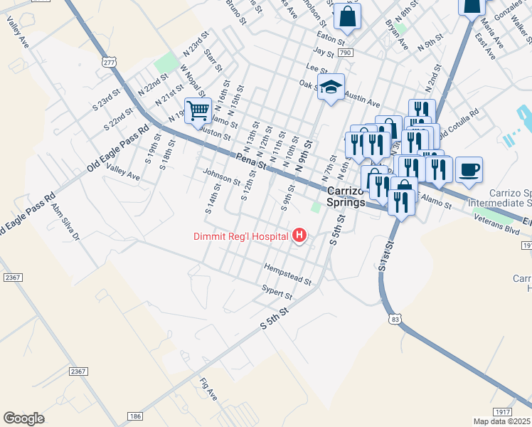 map of restaurants, bars, coffee shops, grocery stores, and more near 307 South 11th Street in Carrizo Springs