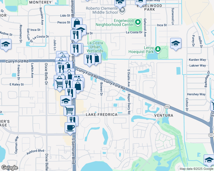map of restaurants, bars, coffee shops, grocery stores, and more near 5924 Curry Ford Road in Orlando