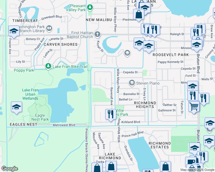 map of restaurants, bars, coffee shops, grocery stores, and more near 1797 Flores Court in Orlando