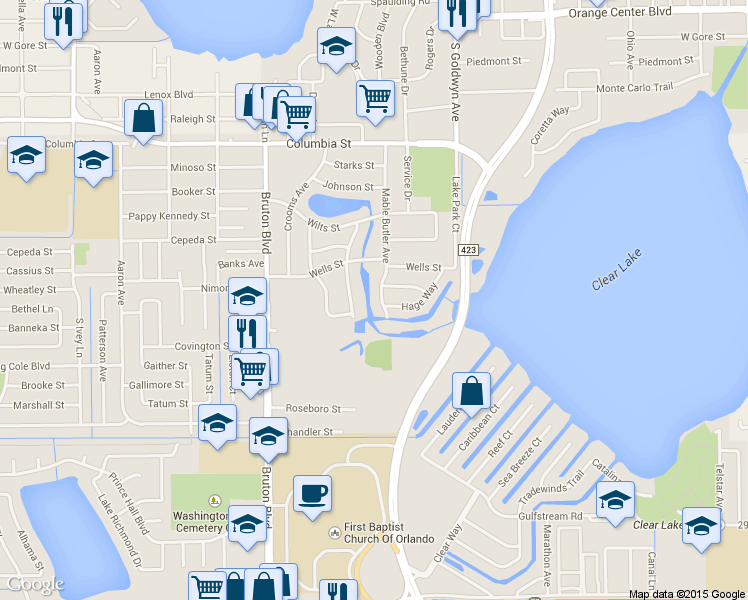 map of restaurants, bars, coffee shops, grocery stores, and more near 1814 Mable Butler Avenue in Orlando