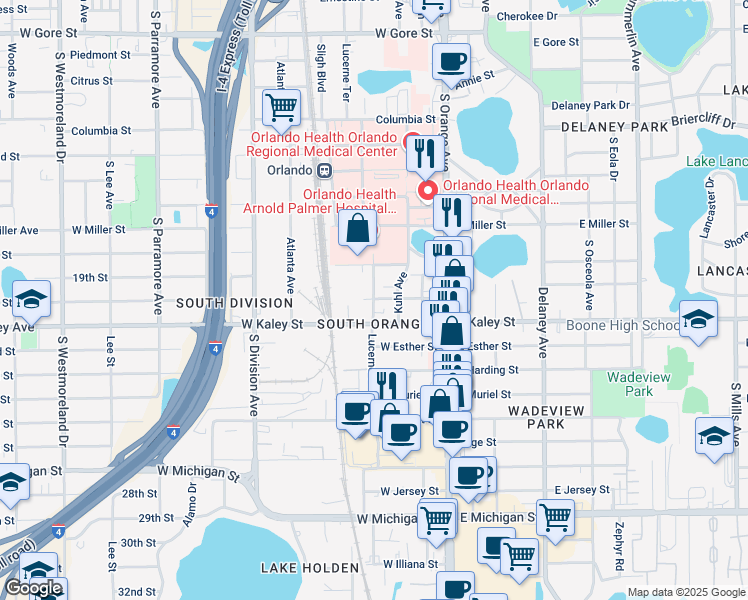 map of restaurants, bars, coffee shops, grocery stores, and more near 1803 South Lucerne Terrace in Orlando