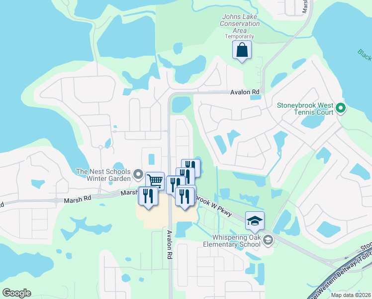 map of restaurants, bars, coffee shops, grocery stores, and more near 15522 Campden Street in Winter Garden
