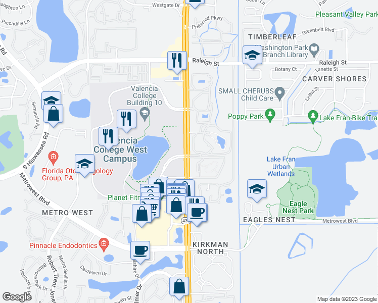 map of restaurants, bars, coffee shops, grocery stores, and more near 1865 South Kirkman Road in Orlando