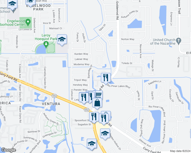 map of restaurants, bars, coffee shops, grocery stores, and more near 7148 Gateshead Circle in Orlando