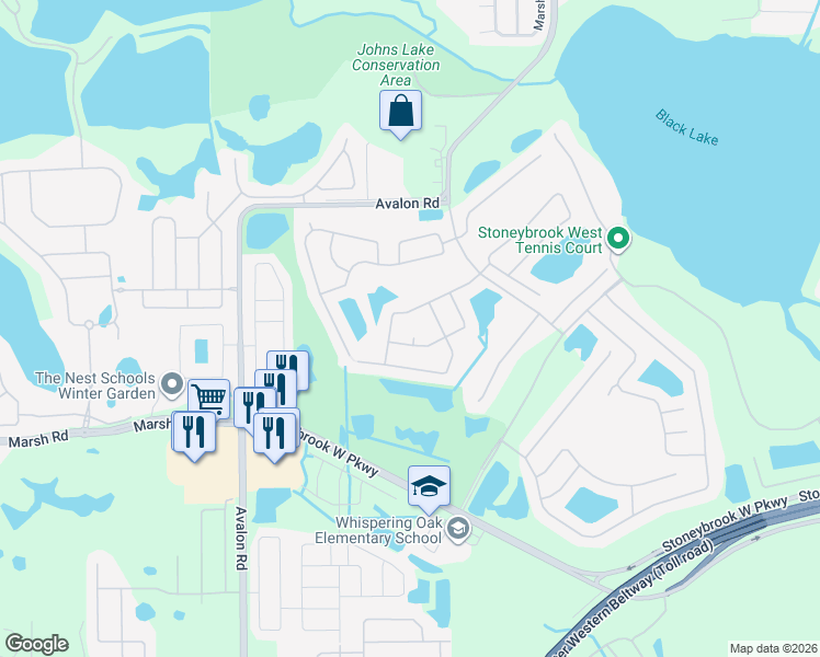 map of restaurants, bars, coffee shops, grocery stores, and more near 1206 Lakebay Court in Winter Garden