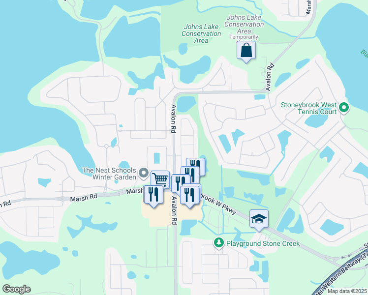 map of restaurants, bars, coffee shops, grocery stores, and more near 15522 Campden Street in Winter Garden