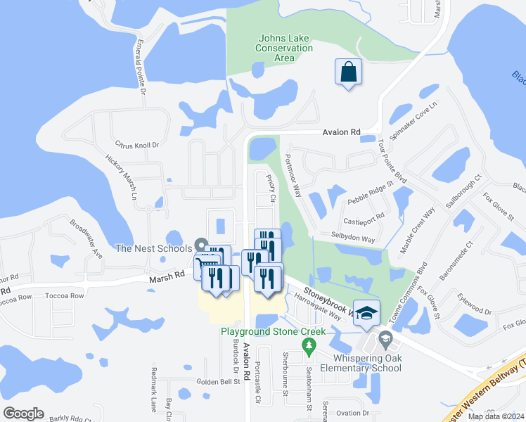 map of restaurants, bars, coffee shops, grocery stores, and more near 15510 Campden Street in Winter Garden