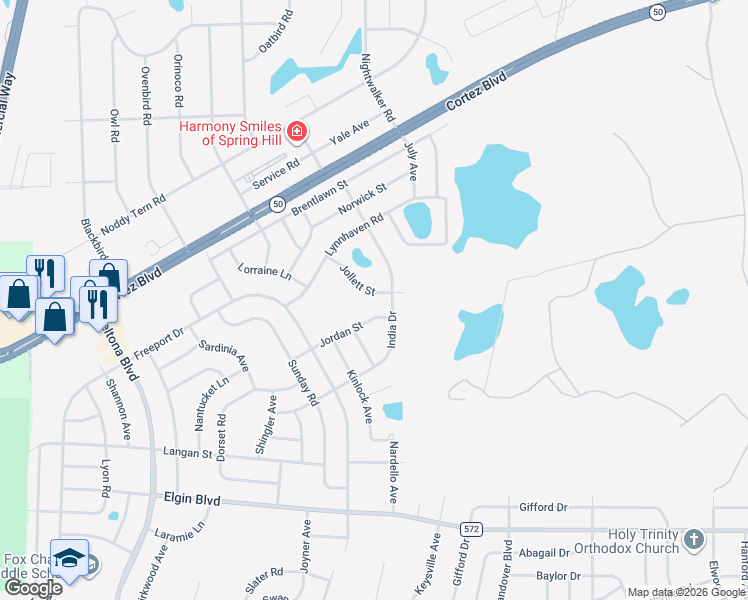 map of restaurants, bars, coffee shops, grocery stores, and more near 10256 Jollett Street in Brooksville
