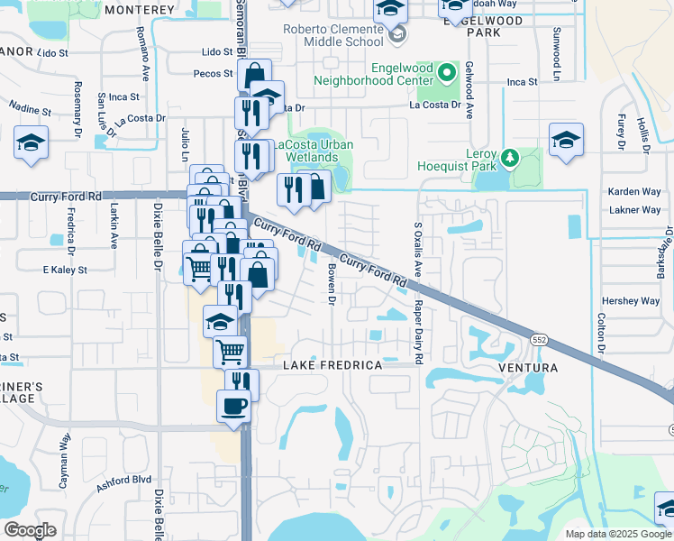 map of restaurants, bars, coffee shops, grocery stores, and more near 5924 Curry Ford Road in Orlando