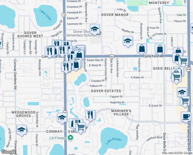 map of restaurants, bars, coffee shops, grocery stores, and more near 4911 Casaba Place in Orlando