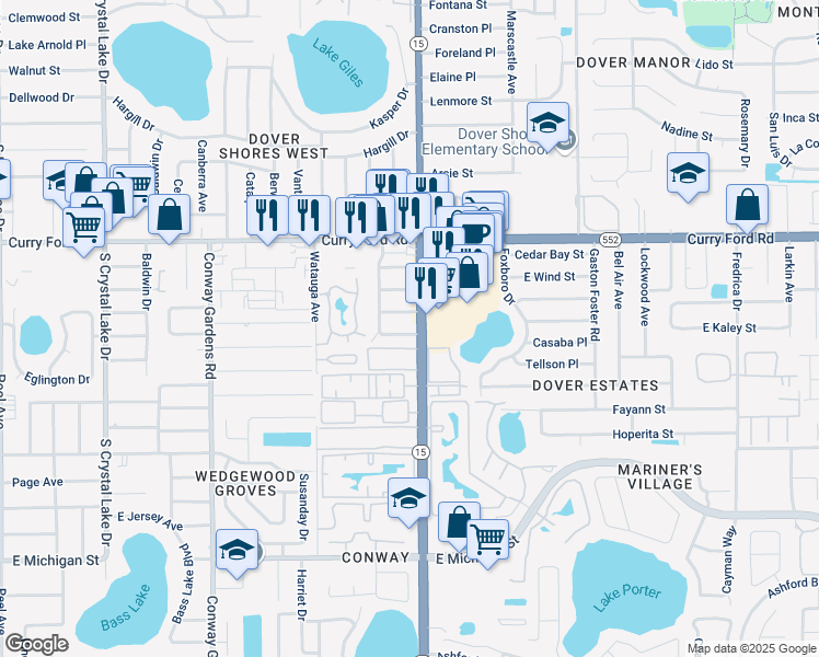 map of restaurants, bars, coffee shops, grocery stores, and more near 4313 Lancashire Lane in Orlando