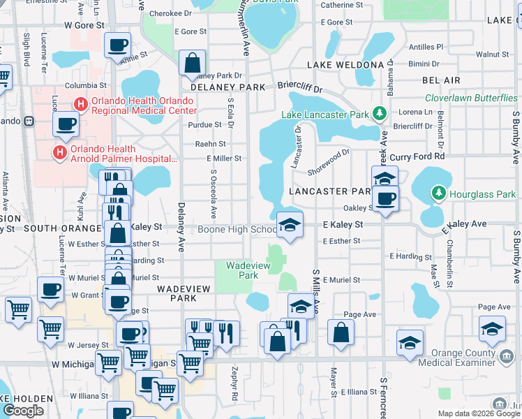 map of restaurants, bars, coffee shops, grocery stores, and more near 721 East Kaley Street in Orlando
