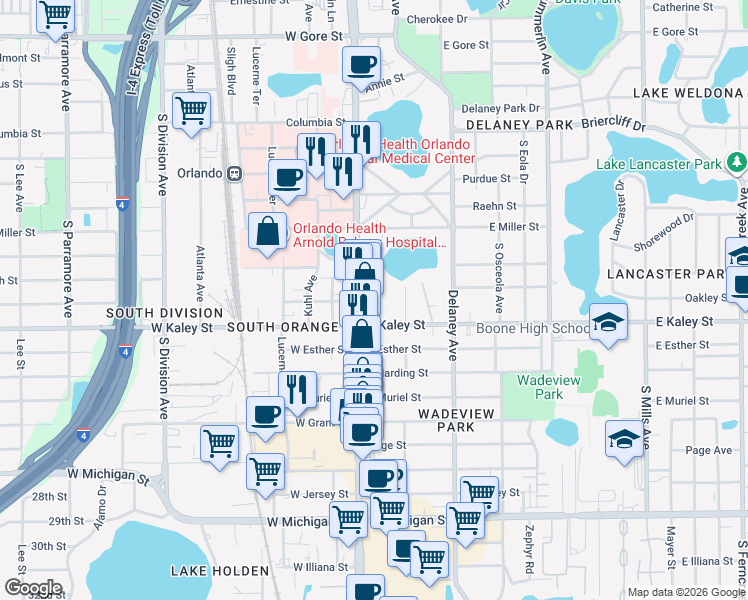 map of restaurants, bars, coffee shops, grocery stores, and more near 1833 Hollenbeck Drive in Orlando