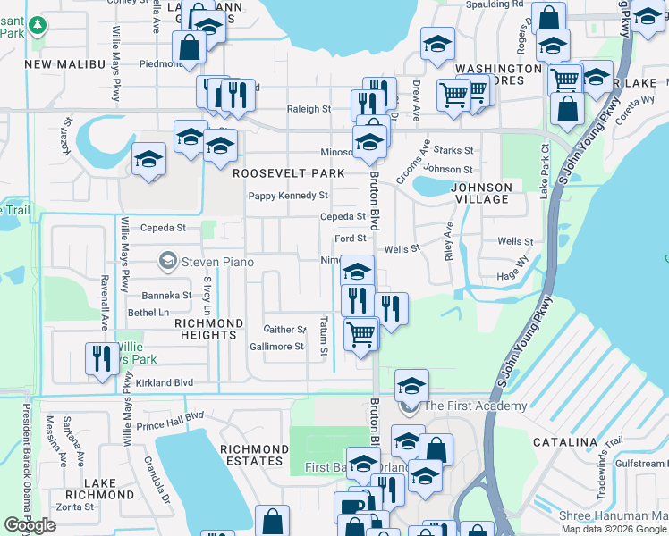 map of restaurants, bars, coffee shops, grocery stores, and more near 1811 Liston Drive in Orlando