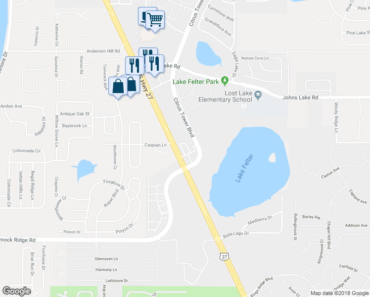 map of restaurants, bars, coffee shops, grocery stores, and more near 3195 South Highway 27 in Clermont
