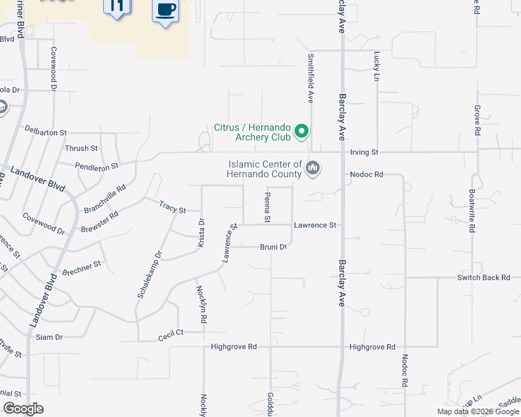 map of restaurants, bars, coffee shops, grocery stores, and more near 6225 Penna Street in Spring Hill