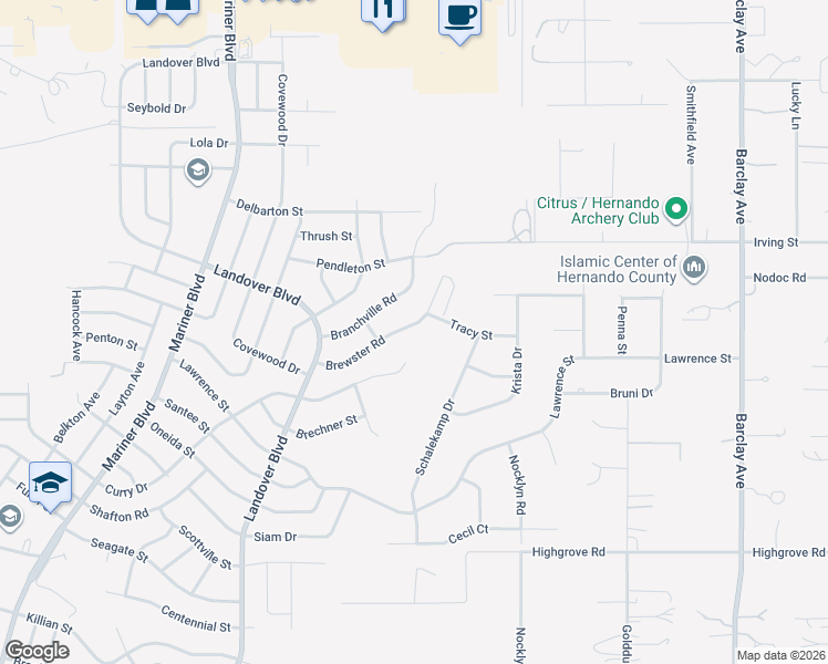 map of restaurants, bars, coffee shops, grocery stores, and more near 13336 Brewster Road in Spring Hill