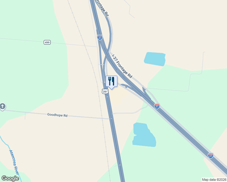 map of restaurants, bars, coffee shops, grocery stores, and more near 2645 Interstate 37 in Three Rivers