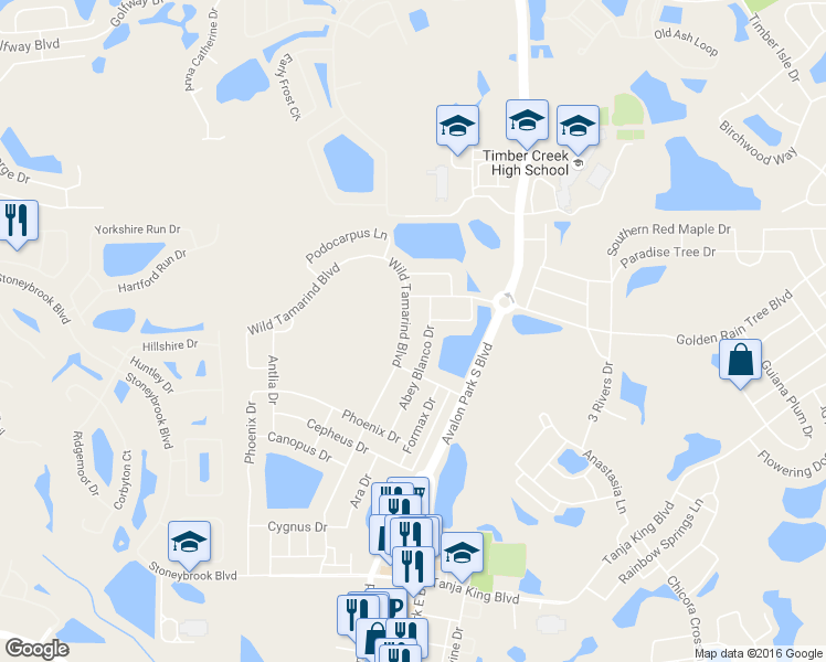 map of restaurants, bars, coffee shops, grocery stores, and more near 2565 Wild Tamarind Boulevard in Orlando