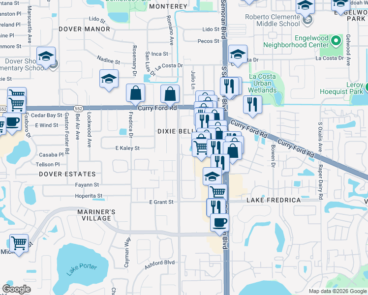map of restaurants, bars, coffee shops, grocery stores, and more near 1997 Dixie Belle Drive in Orlando