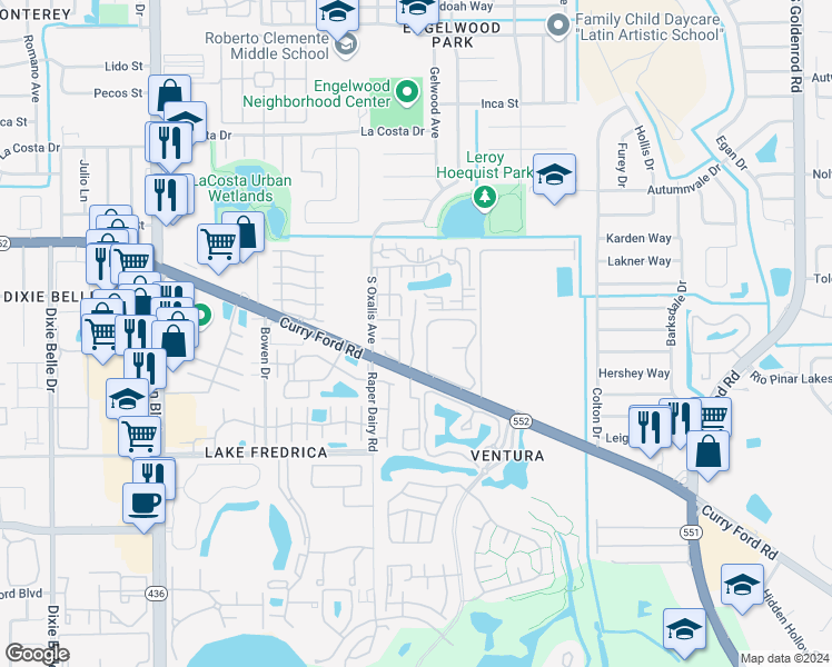map of restaurants, bars, coffee shops, grocery stores, and more near 1905 Caralee Boulevard in Orlando