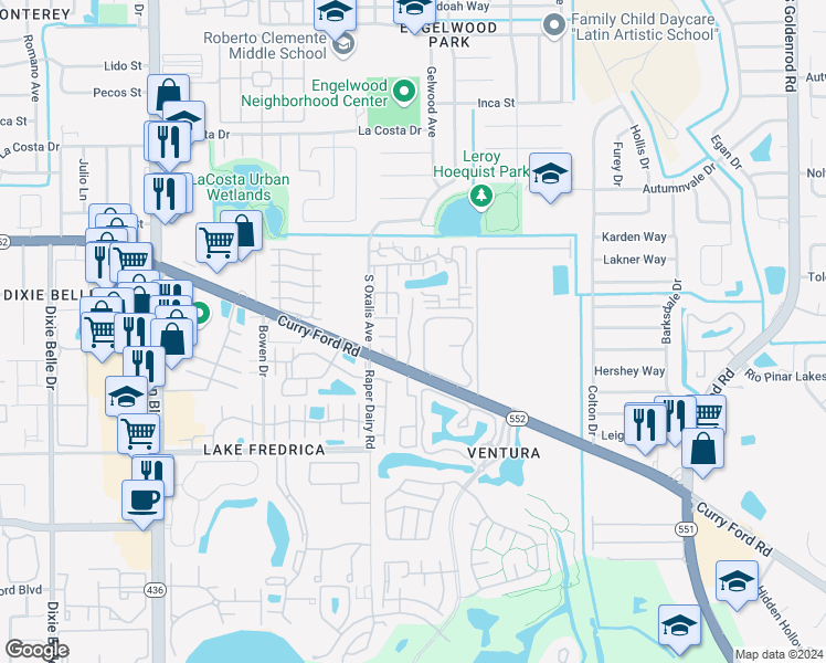 map of restaurants, bars, coffee shops, grocery stores, and more near 1801 Caralee Boulevard in Orlando